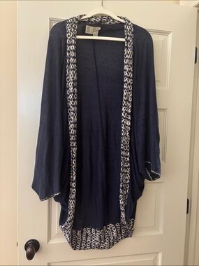 Navy Open Front duster with Ikat Trim